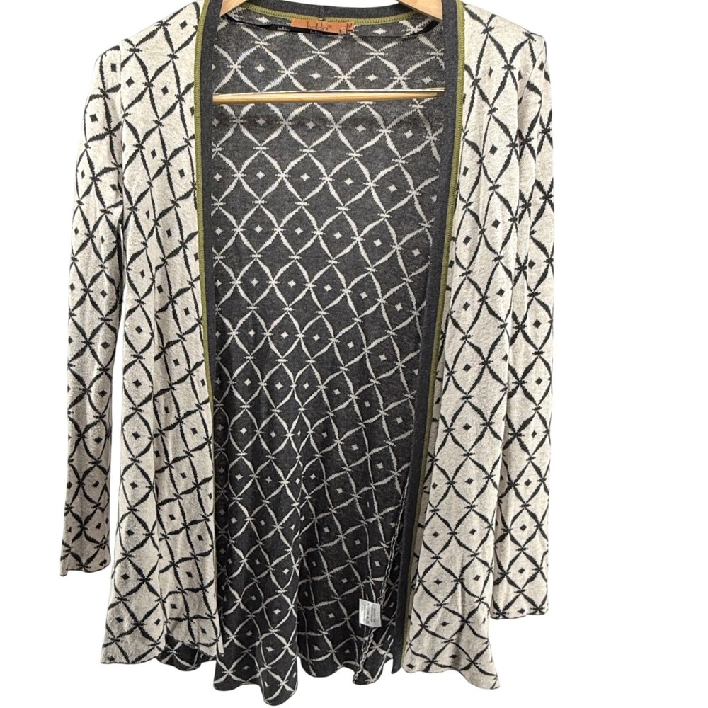 Bellini‎ Women's Open Front Cardigan Sweater Beige Black Diamond Pattern